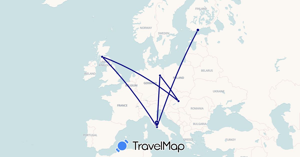 TravelMap itinerary: driving in Germany, Finland, United Kingdom, Hungary, Italy, Vatican City (Europe)